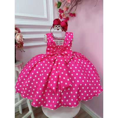 Vestido Infantil Barbie Rosa Chiclete C/ Bolinhas Brancas