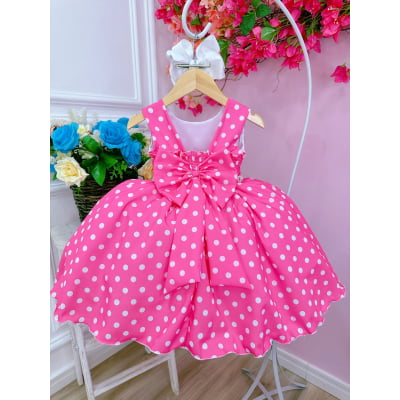 Vestido Infantil Barbie Rosa Chiclete C/ Bolinhas Brancas
