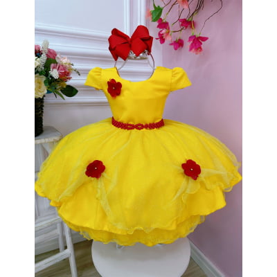 Vestido Infantil Bela e a Fera Saia Glitter e Aplique Flores