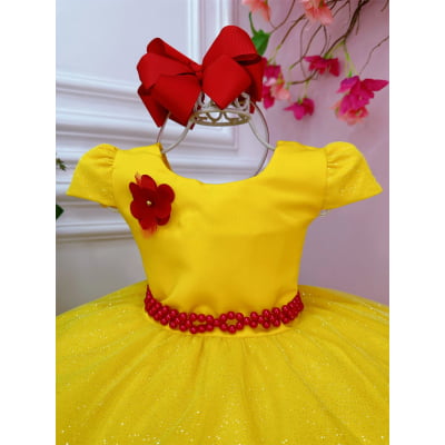 Vestido Infantil Bela e a Fera Saia Glitter e Aplique Flores