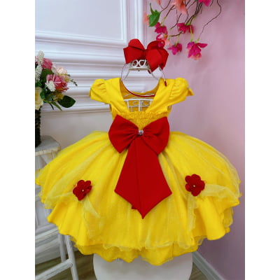 Vestido Infantil Bela e a Fera Saia Glitter e Aplique Flores