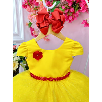 Vestido Infantil Bela e a Fera Saia Glitter e Aplique Flores