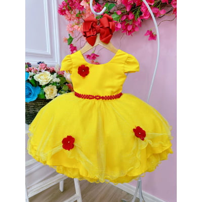 Vestido Infantil Bela e a Fera Saia Glitter e Aplique Flores