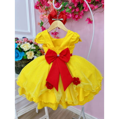 Vestido Infantil Bela e a Fera Saia Glitter e Aplique Flores