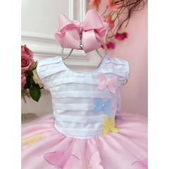 Vestido Infantil Branco Busto Plissado Jardim das Borboletas