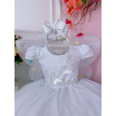 Vestido Infantil Branco C/ Glitter e Aplique de Borboletas