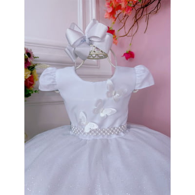 Vestido Infantil Branco C/ Glitter e Aplique de Borboletas
