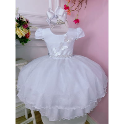 Vestido Infantil Branco C/ Glitter e Aplique de Borboletas