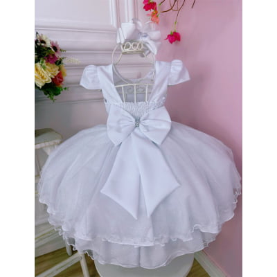Vestido Infantil Branco C/ Glitter e Aplique de Borboletas