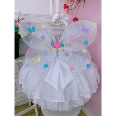 Vestido Infantil Branco C/ Glitter e Aplique de Borboletas