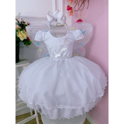 Vestido Infantil Branco C/ Glitter e Aplique de Borboletas