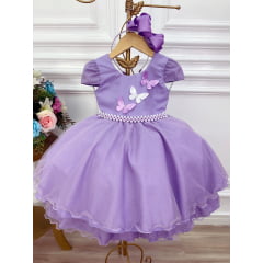 Vestido Infantil Lilás Com Aplique de Borboletas Glitter