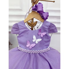 Vestido Infantil Lilás Com Aplique de Borboletas Glitter