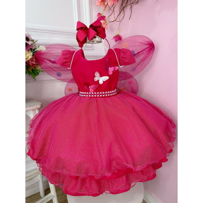 Vestido Infantil Pink Aplique de Borboletas C/ Glitter