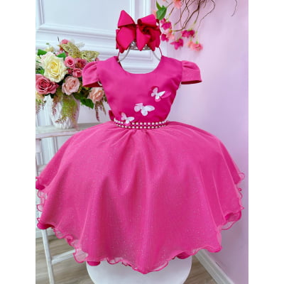 Vestido Infantil Pink C/ Glitter e Aplique de Borboletas