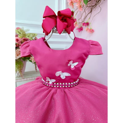 Vestido Infantil Pink C/ Glitter e Aplique de Borboletas