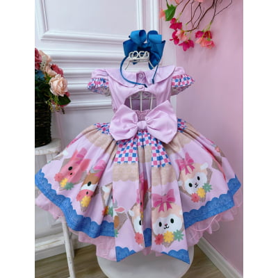 Vestido Infantil Rosa Bebê Fazendinha Bichos Aplique Botões