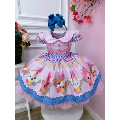 Vestido Infantil Rosa Bebê Fazendinha Bichos Aplique Botões