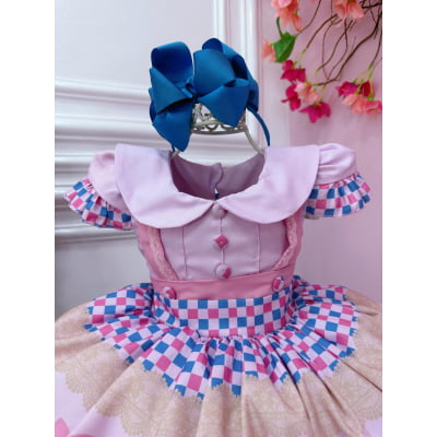 Vestido Infantil Rosa Bebê Fazendinha Bichos Aplique Botões