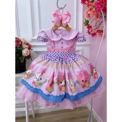 Vestido Infantil Rosa Bebê Fazendinha Bichos Aplique Botões