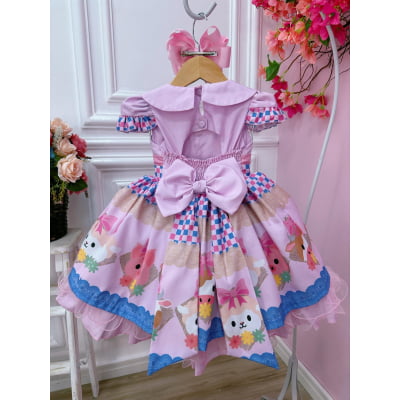 Vestido Infantil Rosa Bebê Fazendinha Bichos Aplique Botões