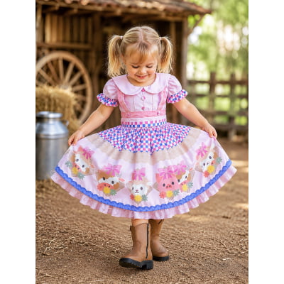 Vestido Infantil Rosa Bebê Fazendinha Bichos Aplique Botões Vestido Infantil Rosa Bebê Fazendinha Bichos Aplique Botões