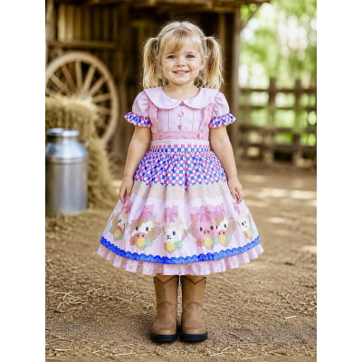 Vestido Infantil Rosa Bebê Fazendinha Bichos Aplique Botões