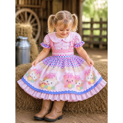 Vestido Infantil Rosa Bebê Fazendinha Bichos Aplique Botões