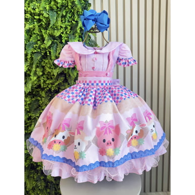 Vestido Infantil Rosa Bebê Fazendinha Bichos Aplique Botões