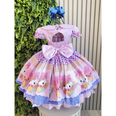 Vestido Infantil Rosa Bebê Fazendinha Bichos Aplique Botões