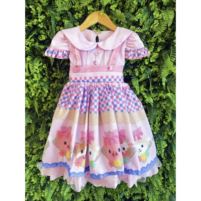 Vestido Infantil Rosa Bebê Fazendinha Bichos Aplique Botões