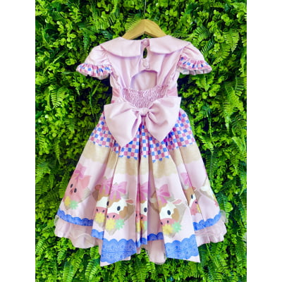 Vestido Infantil Rosa Bebê Fazendinha Bichos Aplique Botões
