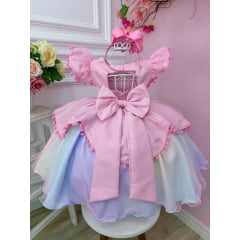 Vestido Infantil Rosa Circo Chuva de Amor Colorido Festas