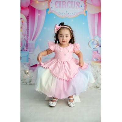 Vestido Infantil Rosa Circo Chuva de Amor Colorido Festas