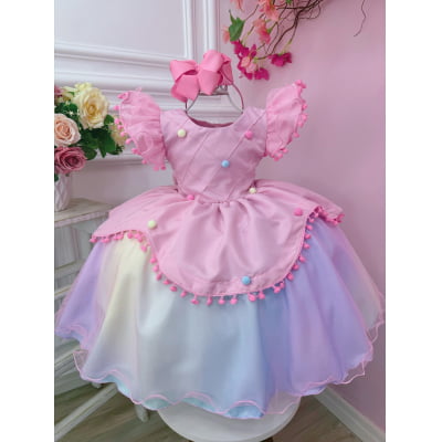 Vestido Infantil Rosa Circo Chuva de Amor Colorido Festas