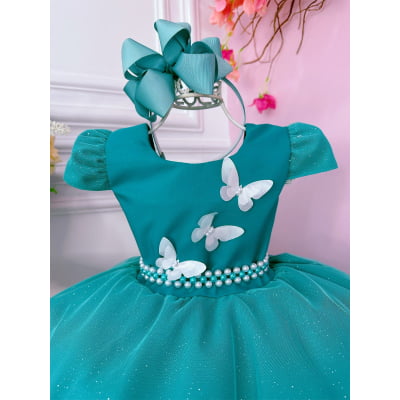 Vestido Infantil Verde Glitter Aplique de Borboletas