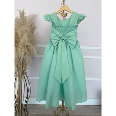 Vestido Infantil Verde Nervura com Pérolas Cinto Luxo