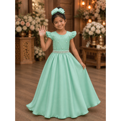 Vestido Infantil Verde Nervura com Pérolas Cinto Luxo