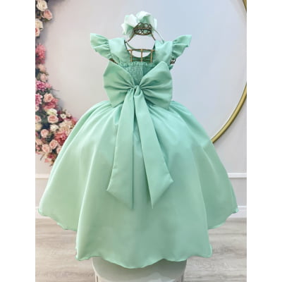 Vestido Infantil Verde Nervura com Pérolas Cinto Luxo