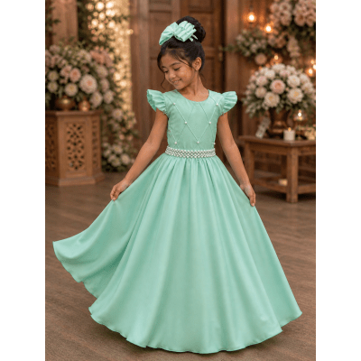 Vestido Infantil Longo Verde Nervura com Pérolas Cinto Luxo Vestido Infantil Longo Verde Nervura com Pérolas Cinto Luxo