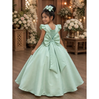 Vestido Infantil Longo Verde Nervura com Pérolas Cinto Luxo