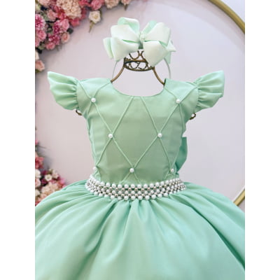Vestido Infantil Longo Verde Nervura com Pérolas Cinto Luxo