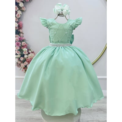 Vestido Infantil Longo Verde Nervura com Pérolas Cinto Luxo