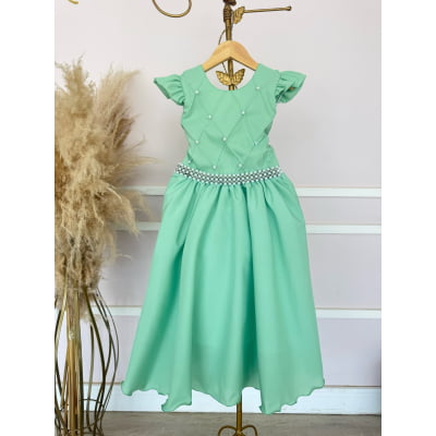 Vestido Infantil Longo Verde Nervura com Pérolas Cinto Luxo