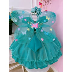 Vestido Infantil Verde Aplique de Borboletas Glitter