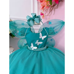 Vestido Infantil Verde Tiffany Glitter Aplique de Borboletas