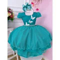 Vestido Infantil Verde Glitter Aplique de Borboletas