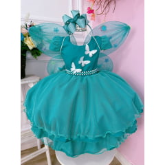 Vestido Infantil Verde Glitter Aplique de Borboletas