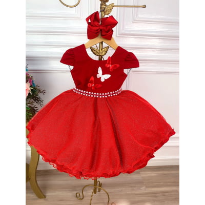 Vestido Infantil Vermelho C/ Aplique de Borboletas Glitter