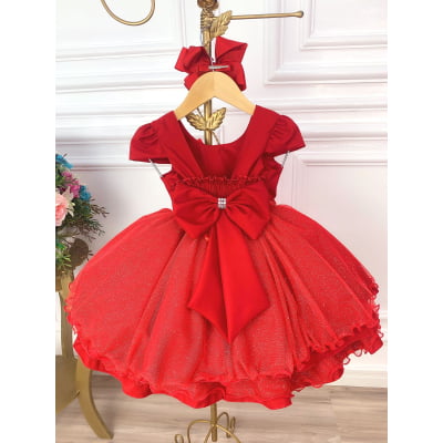 Vestido Infantil Vermelho C/ Aplique de Borboletas Glitter